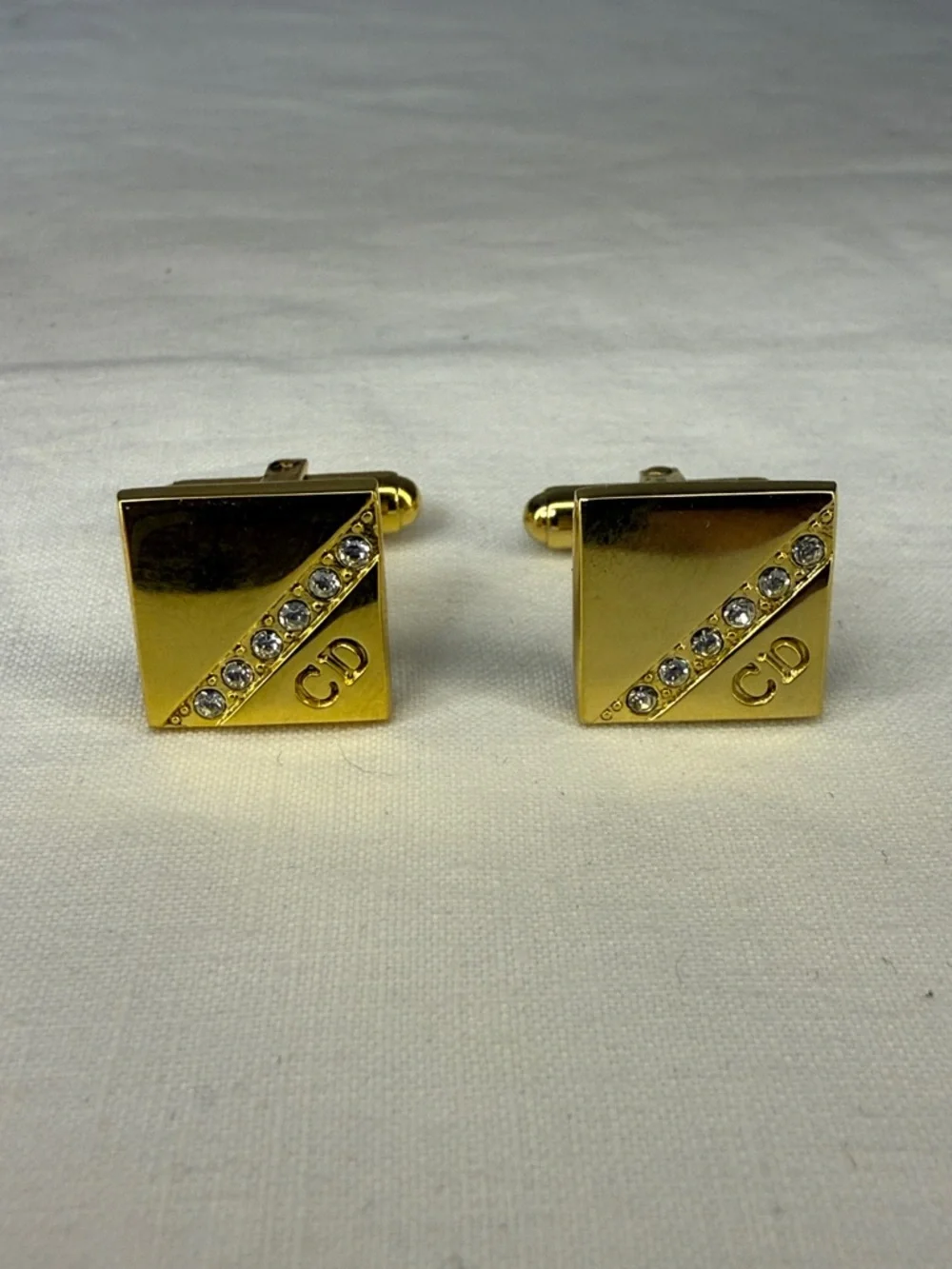 Christian Dior Gold Tone Logo Rhinestone Cufflinks 0.75”